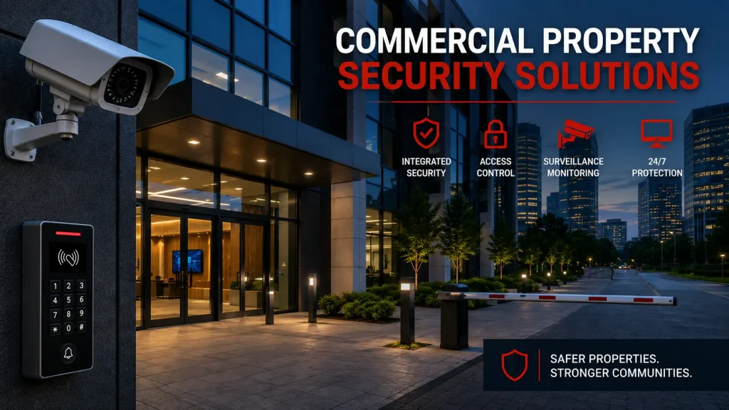 Commercial property security systems with surveillance monitoring and access control technology