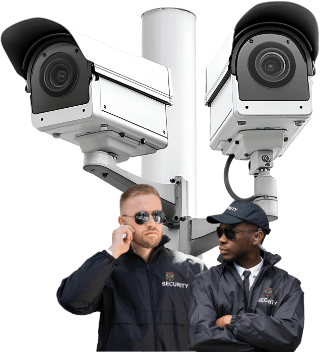 Professional security guards standing beneath mounted surveillance cameras at a commercial property